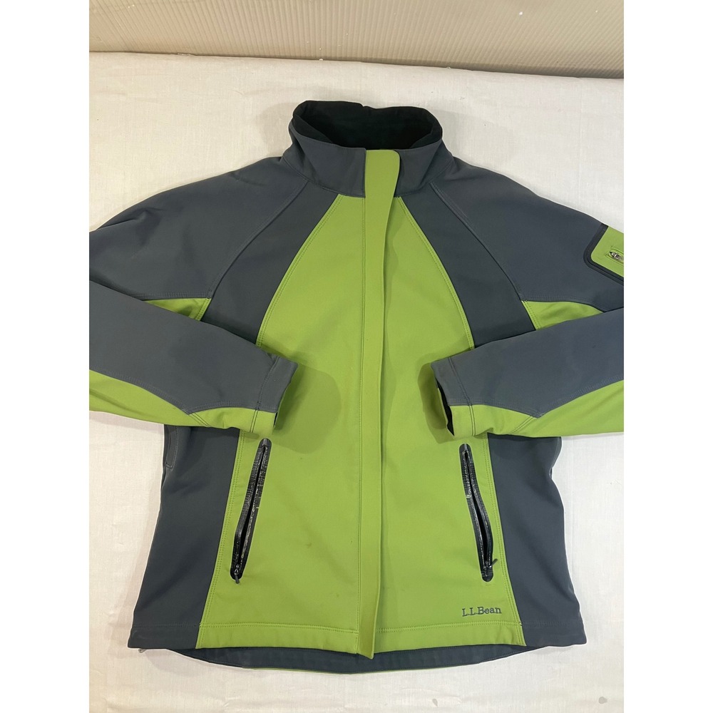 LL Bean Womens Softshell Jacket Medium‎ Green Grey Colorblock Fleece Lined Zip